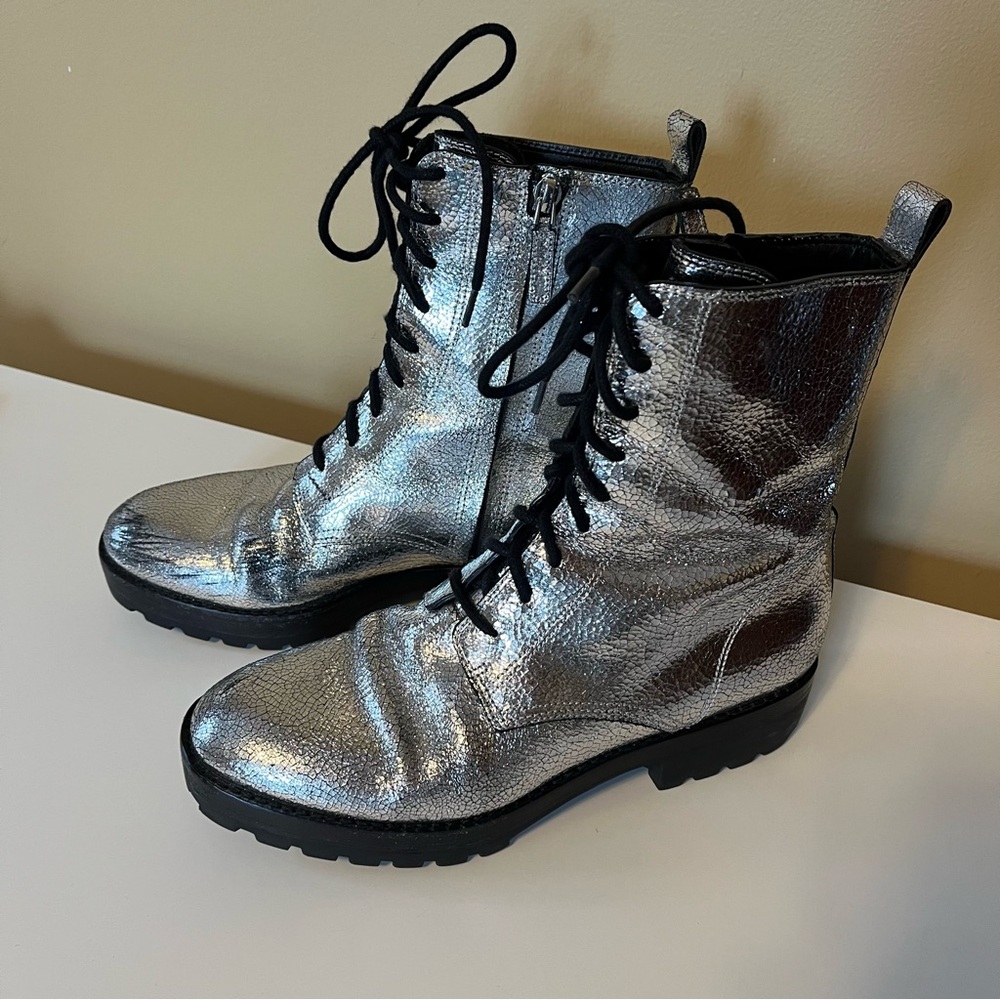 Michael Kors Collection Gita Crackled Silver Metallic Leather Combat Booties